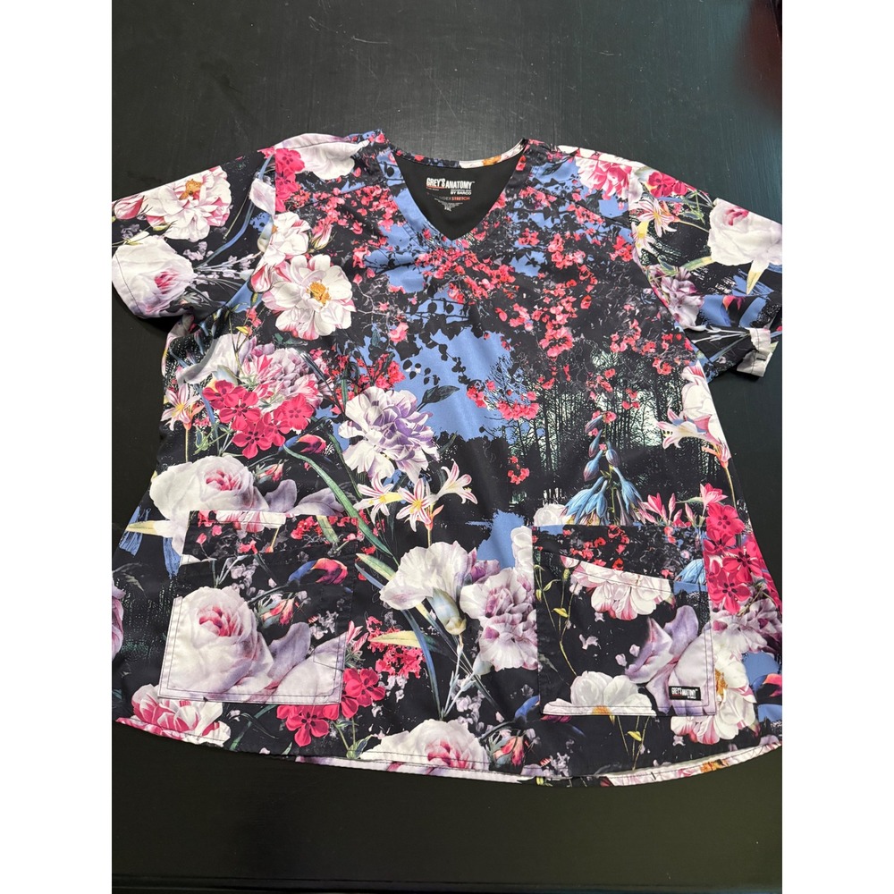 Greys Anatomy by Barco Floral Scrub Top Womens 3XL V-Neck Spandex Stretch Pink